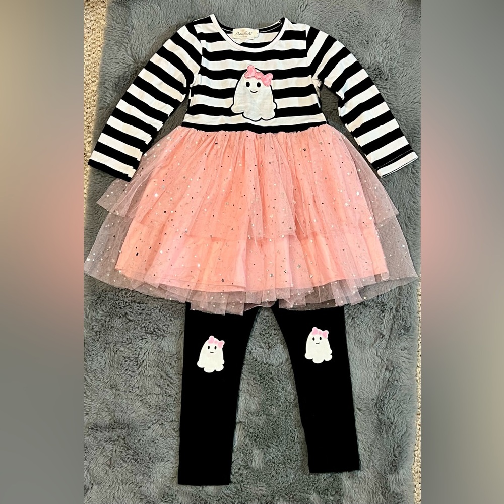 Marie Nicole Halloween Striped Ghost Tutu Dress and Leggings Set